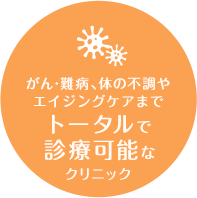 がん・難病、体の不調や
アンチエイジングまでトータルで
診療可能な
クリニック
